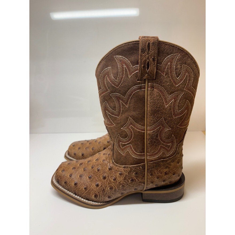 Cavenders Youth Ostrich Print Square Toe Cowboy Boots Brown CV20193Y Size 2D